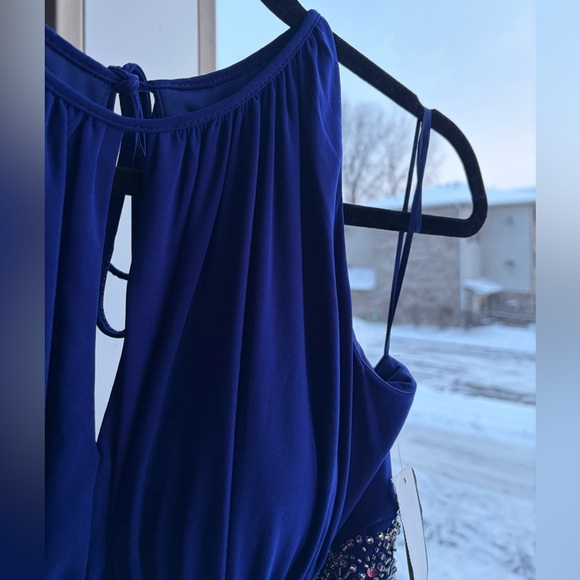 🆕 R&M Richards Royal Blue Beaded Waist Maxi Evening Gown Size 14P Formal Dress - Picture 9 of 17